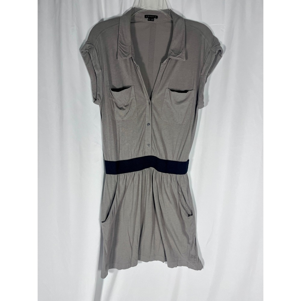 Theory Gray Shirt Dress Sz Small Cotton Modal Mini Dress Black Waistband Pockets - Picture 2 of 7